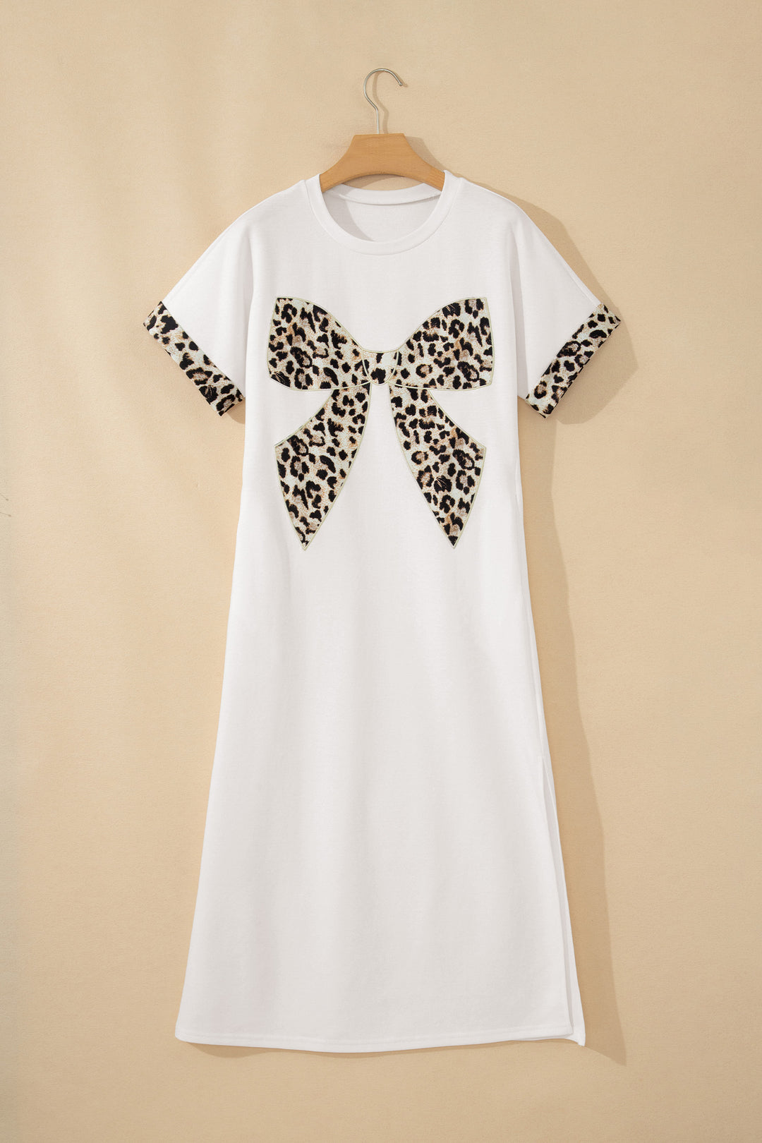 White Contrast Leopard Bow Patched Short Sleeve T Shirt Long Dress