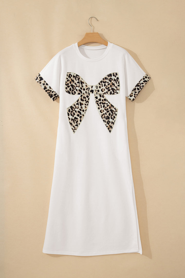White Contrast Leopard Bow Patched Short Sleeve T Shirt Long Dress