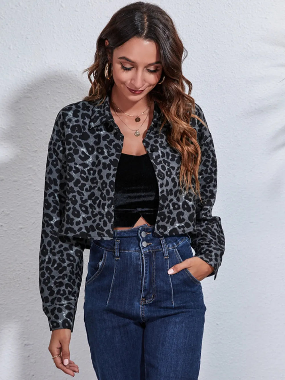 Button Down Printed Cropped Jacket