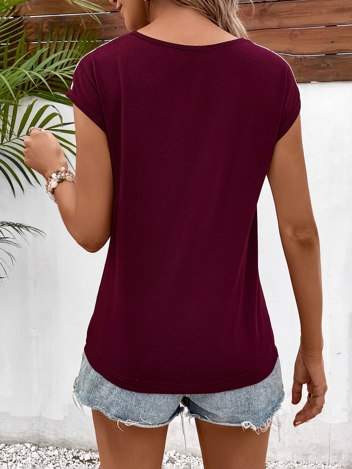 Ivy Lane Spliced Lace V-Neck Twisted Hem Tee