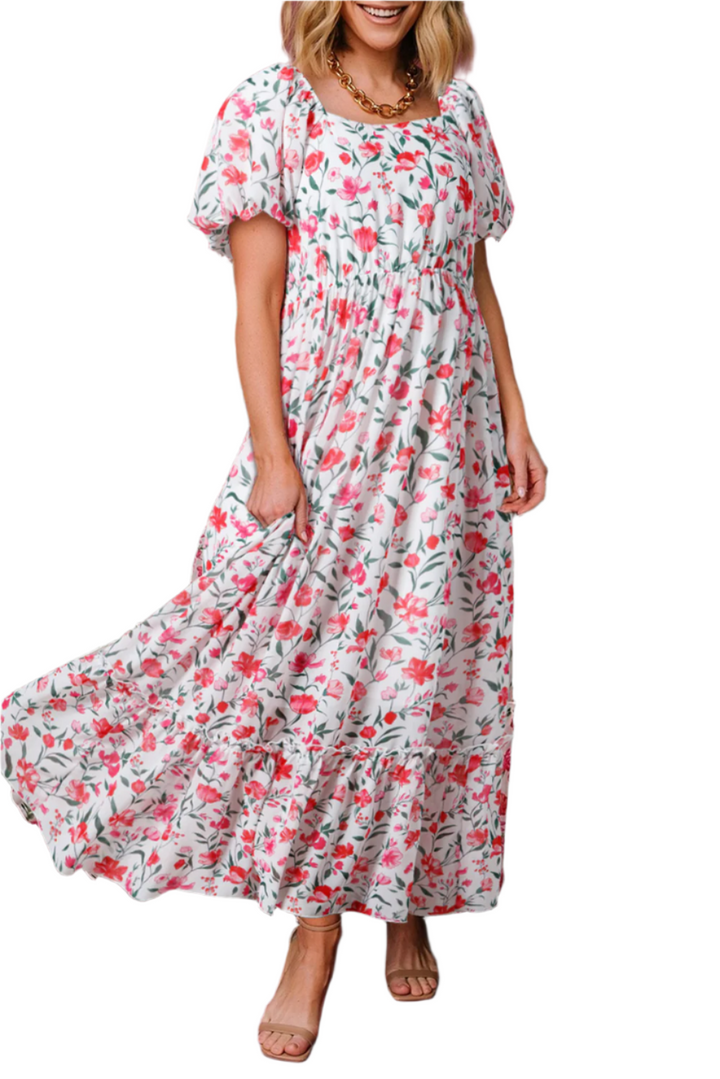 Robe longue à volants et manches bouffantes, col carré, taille empire, motif floral rose