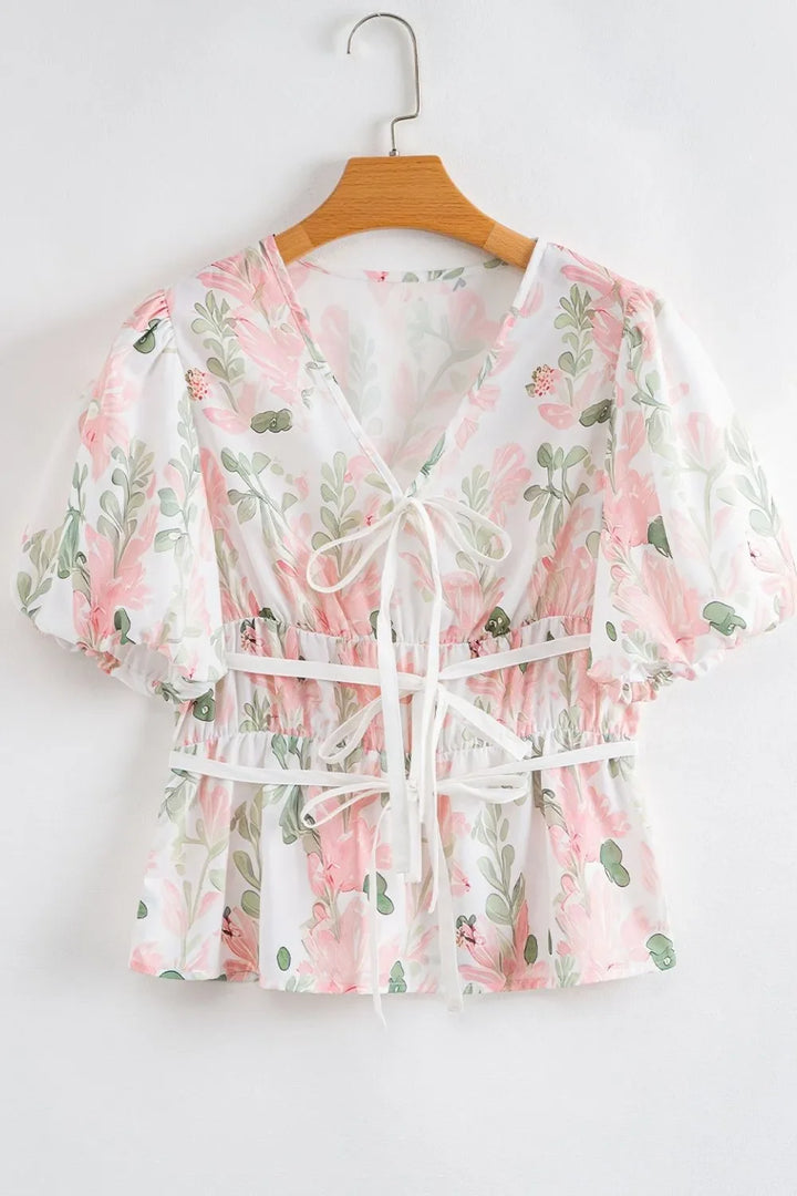 Tied Printed Short Sleeve Blouse