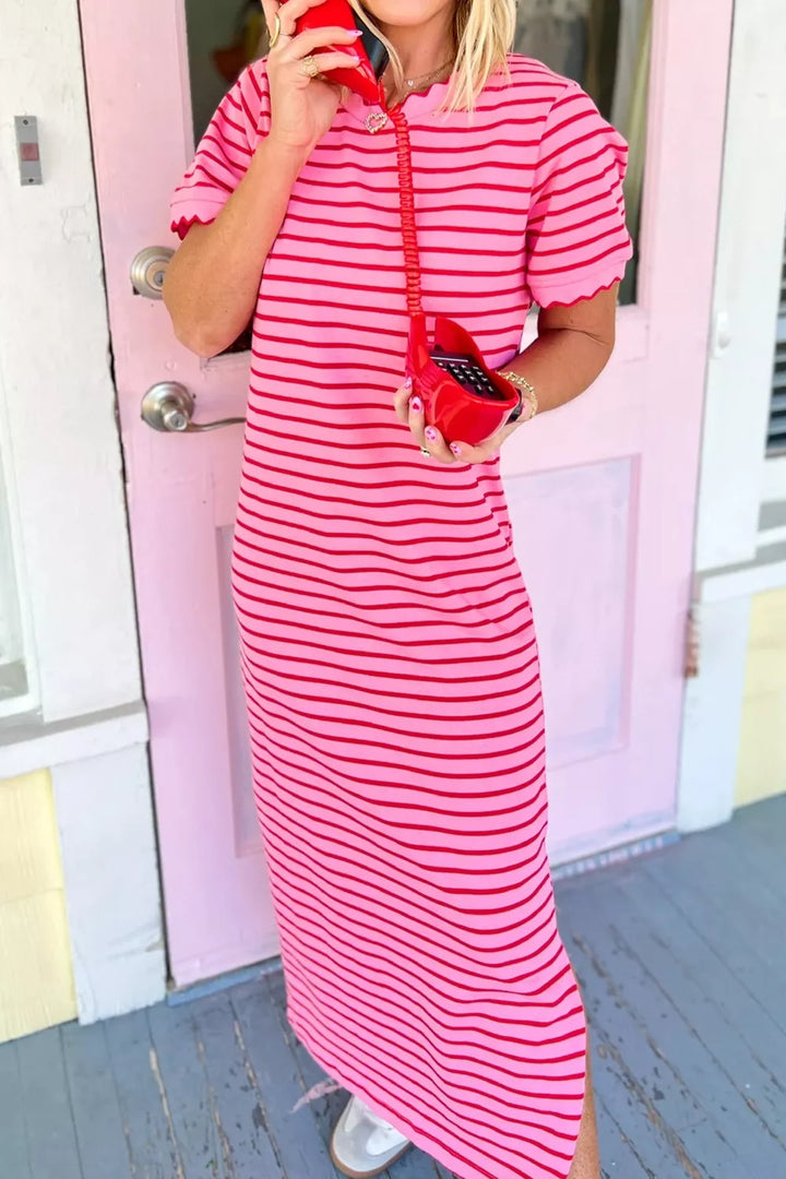 Stripe Striped Short Sleeve Scalloped Trim Side Slit Maxi Tee Dress