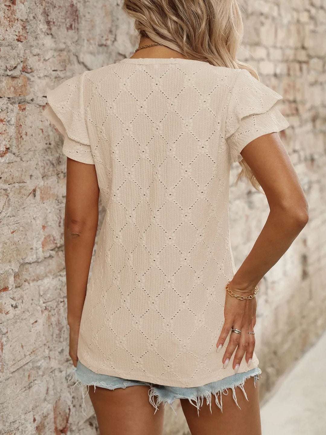 Eyelet V-Neck Ruffled Cap Sleeve Top