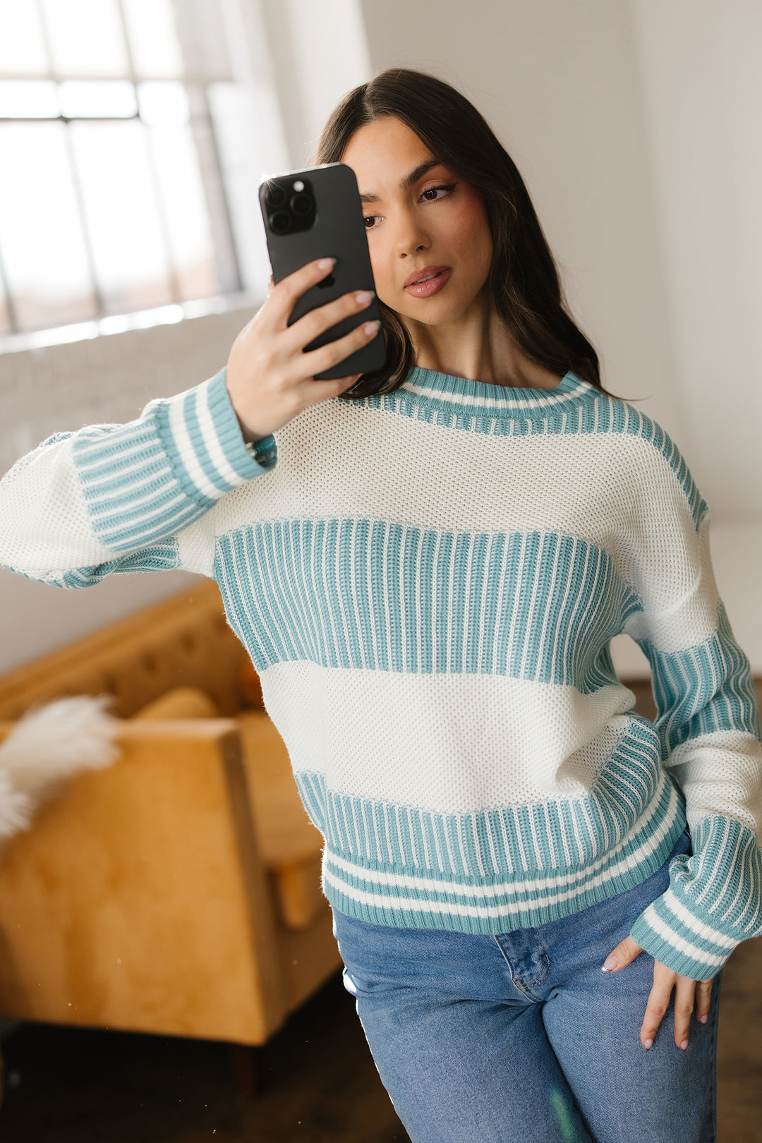 Light Blue Two Tone Striped Patchwork Drop Shoulder Loose Sweater