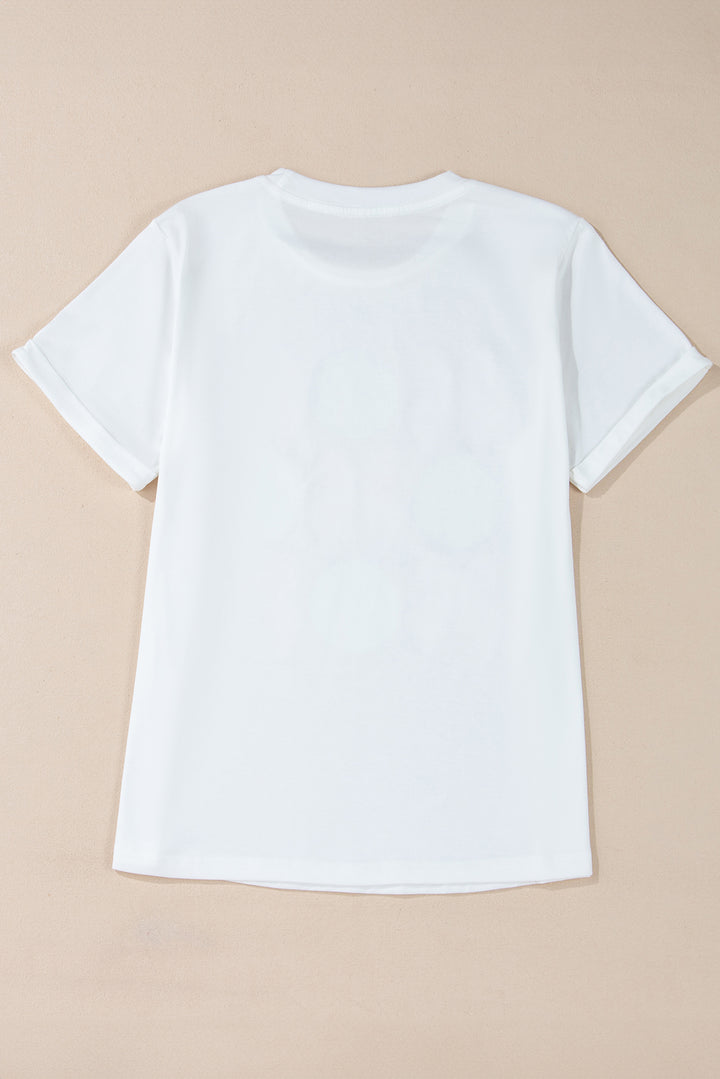 White Bow Tie Baseball Print Round Neck Casual Tee