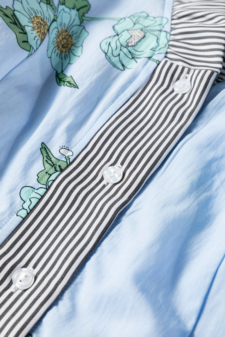 Sky Blue Floral Print Contrast Striped Trim Ruffled V Neck Fall Blouse