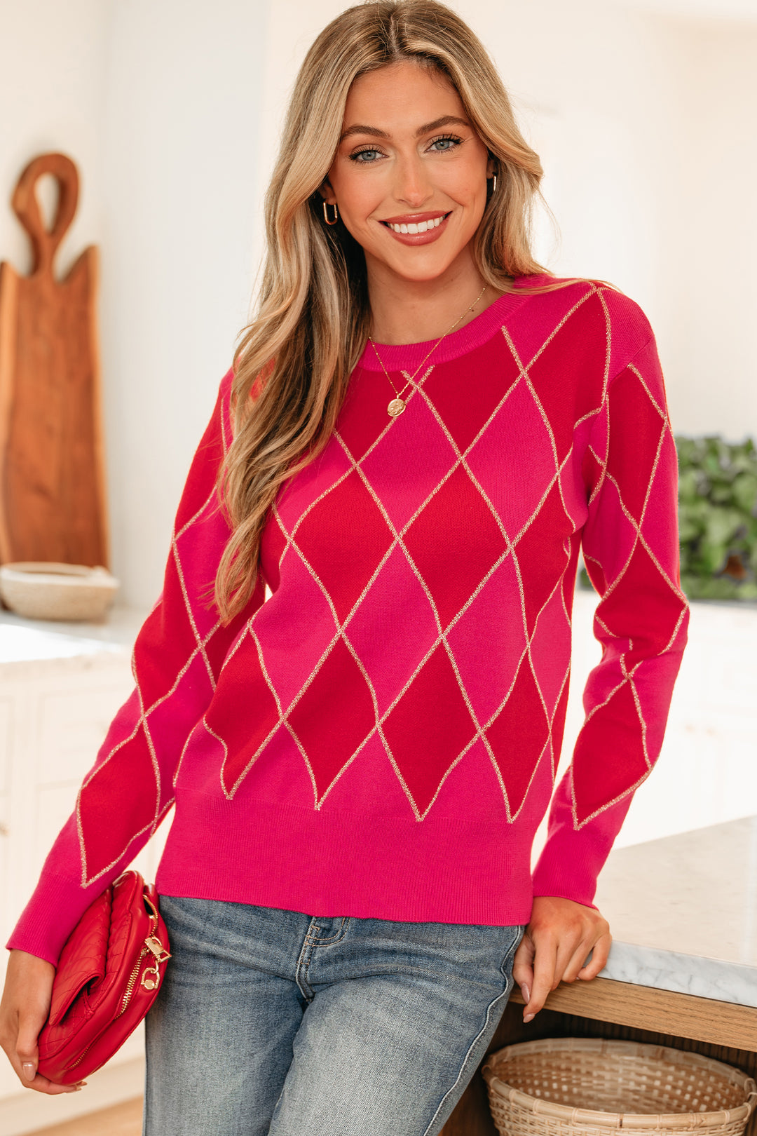 Rose Red Glitter Rhombus Pattern Knit Womens Casual Sweater
