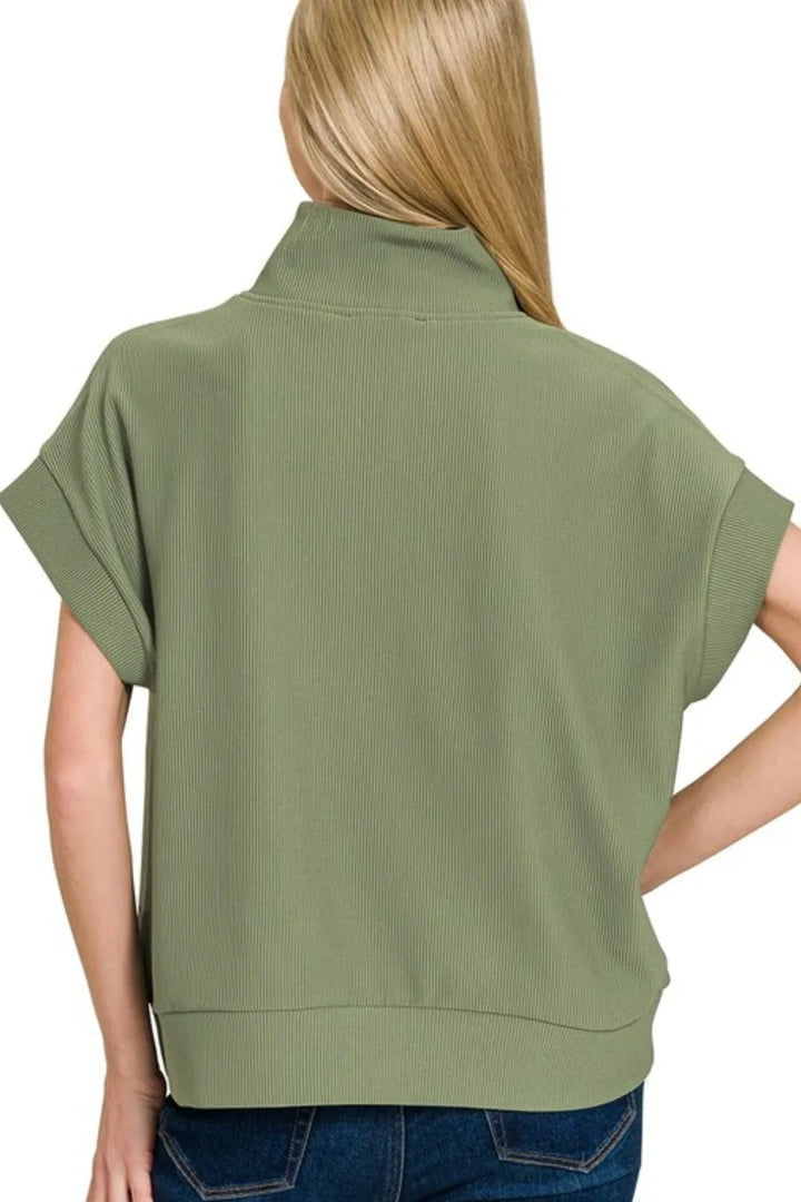 Zenana Ribbed High Neck Half Zip Top