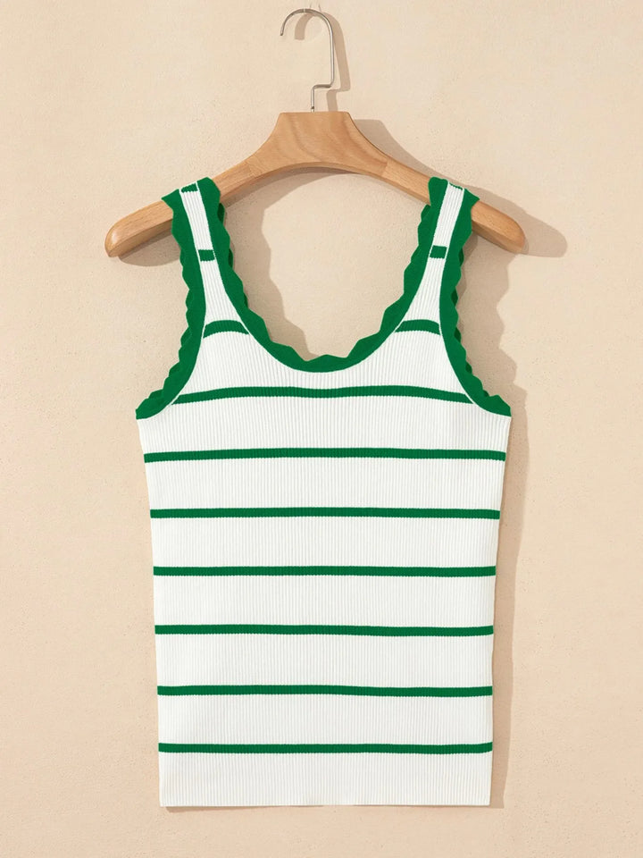 Stripe Scalloped Edge Crew Neck Knit Tank Top