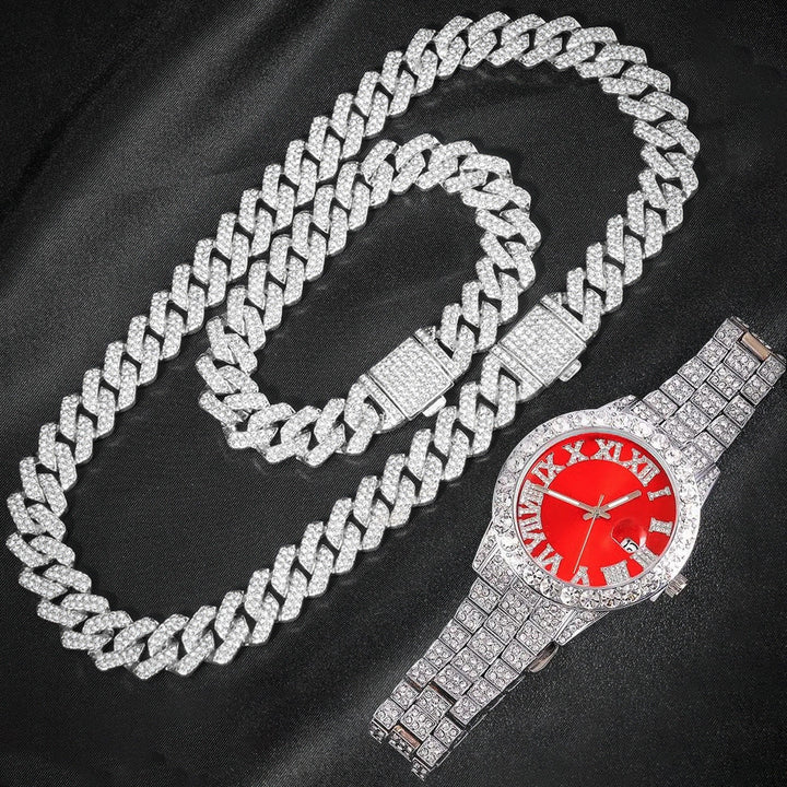 Hip-Hop EuropeanAmerican Cross-Border 14mm Cuban-Link Watch Set