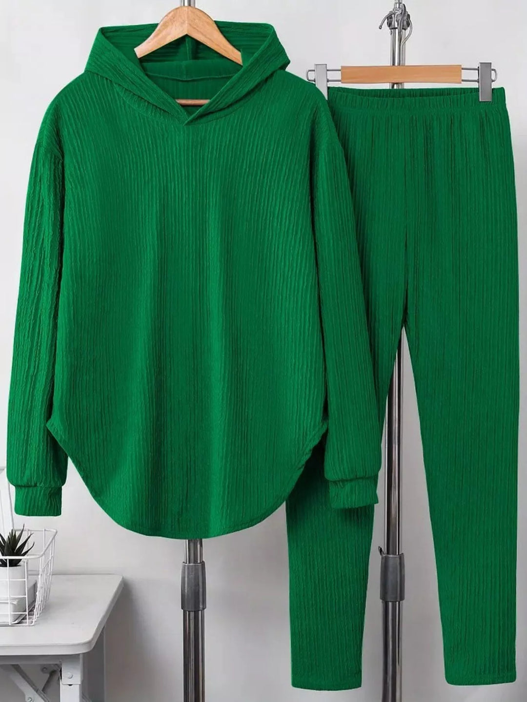 Textured Long Sleeve Hoodie and Pants Set