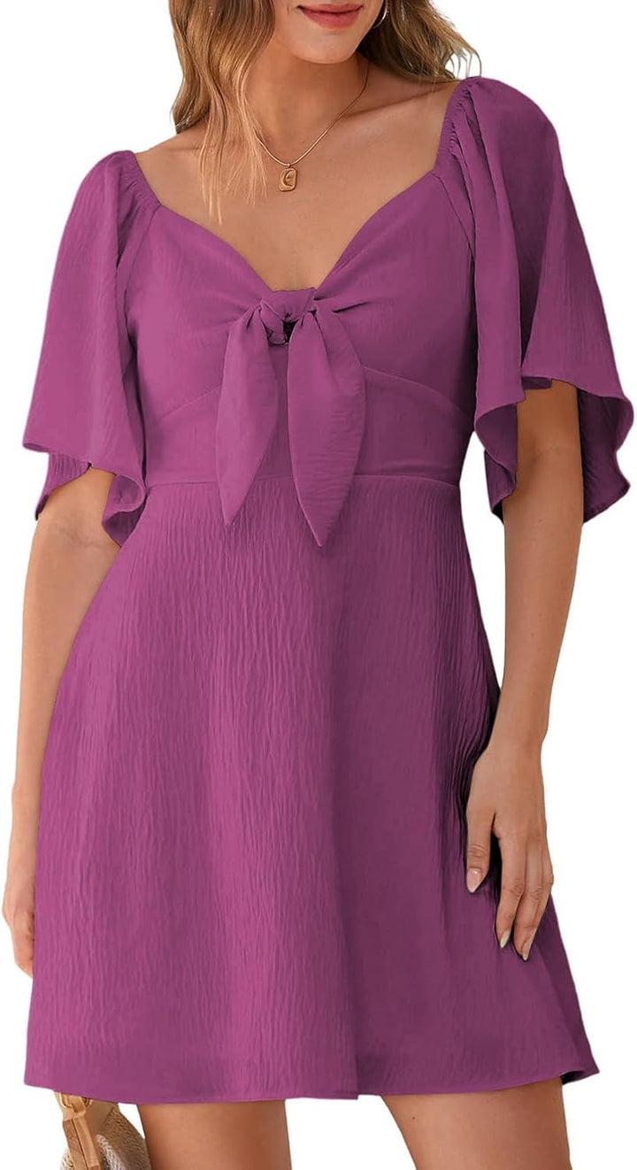 Women's Deep V-Neck Mini Dress with Bow Tie - Elegant Summer Fall Outfit