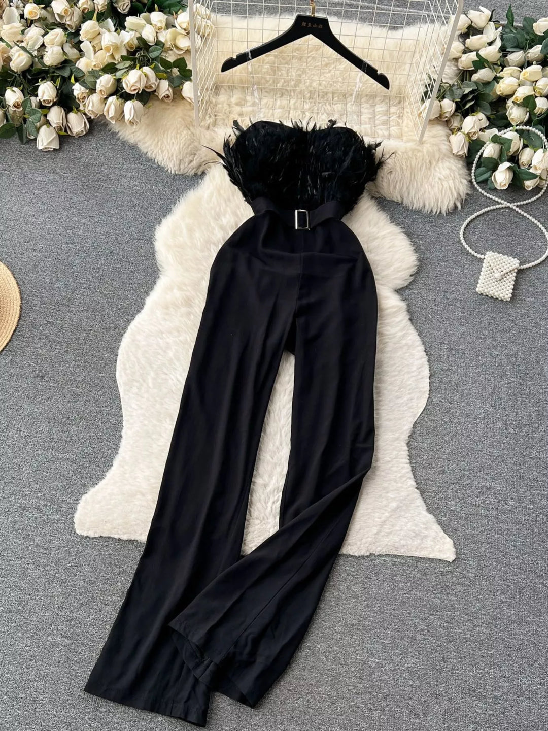 Feather Trim Strapless Wide Leg Jumpsuit