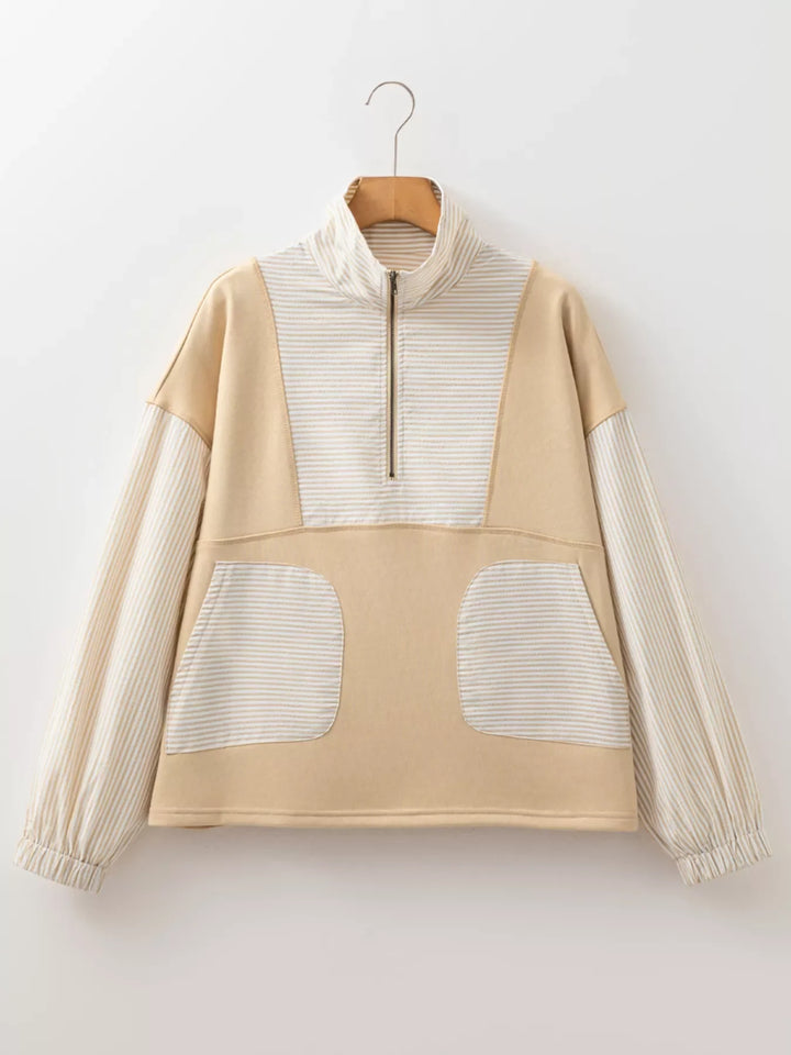 Quarter Zip Striped Patchwork Drop Shoulder Loose Long Sleeve Top