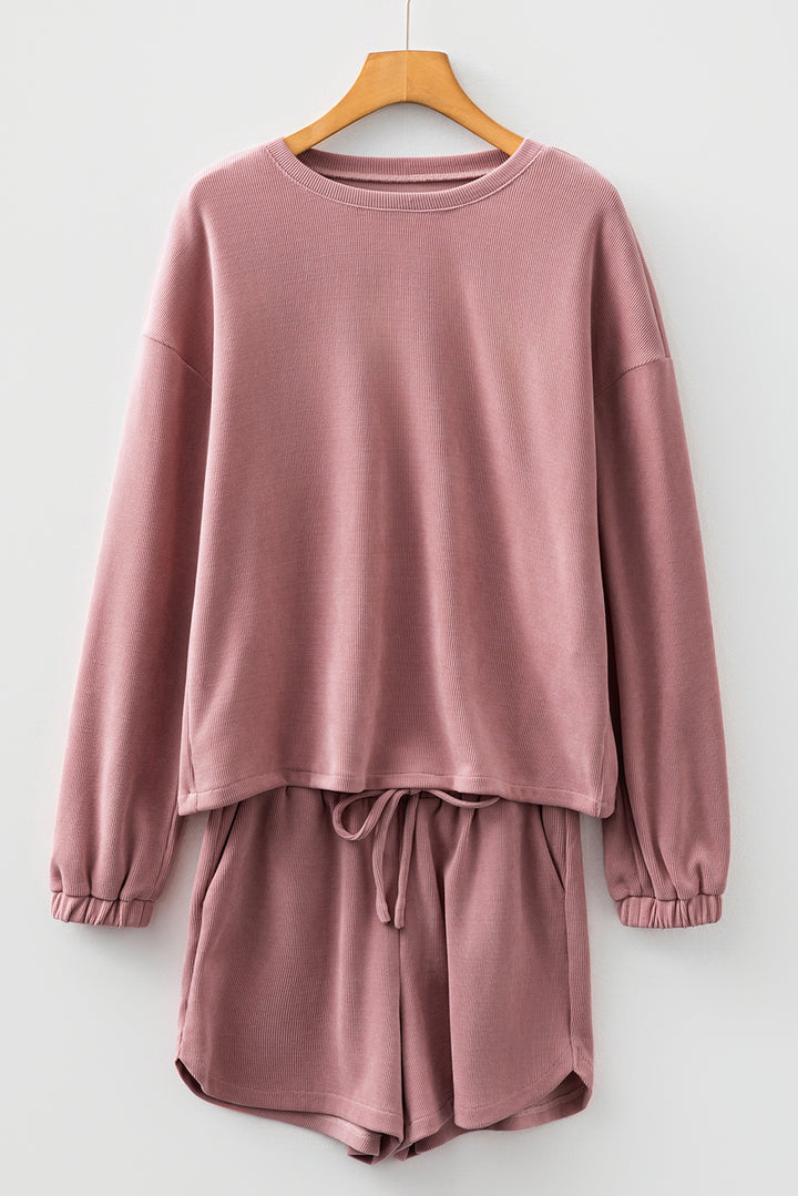 Fushia Solid Color Textured Knit Drop Shoulder Pullover Drawstring Shorts Set