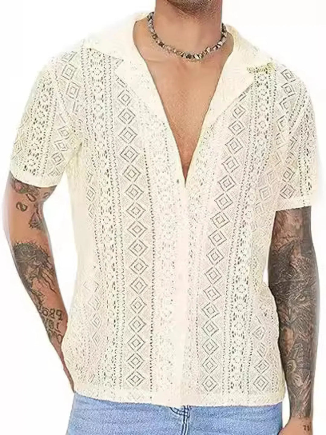 Men's Full Size Lace Button Up Short Sleeve Shirt Plus Size