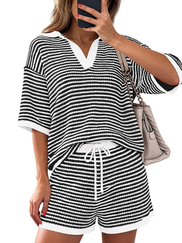 Striped Knit Polo Shirt & Shorts Set