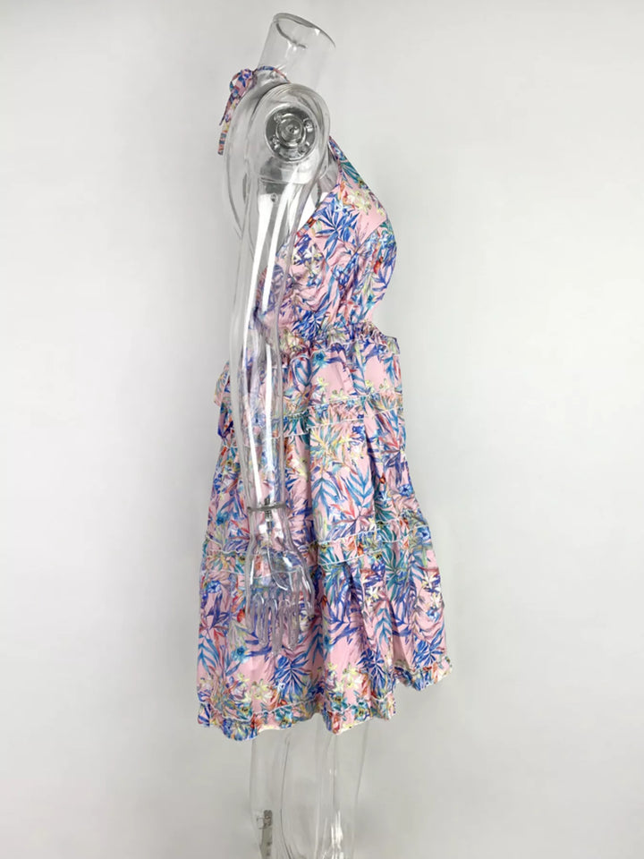 Colorful Print Halter Neck Ruffle Mini Dress