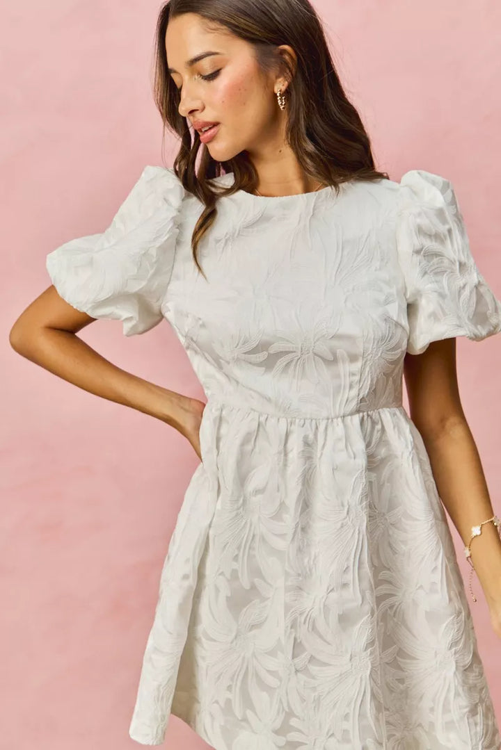 SO ME Floral Jacquard Bubble Shorts Sleeves Mini Dress