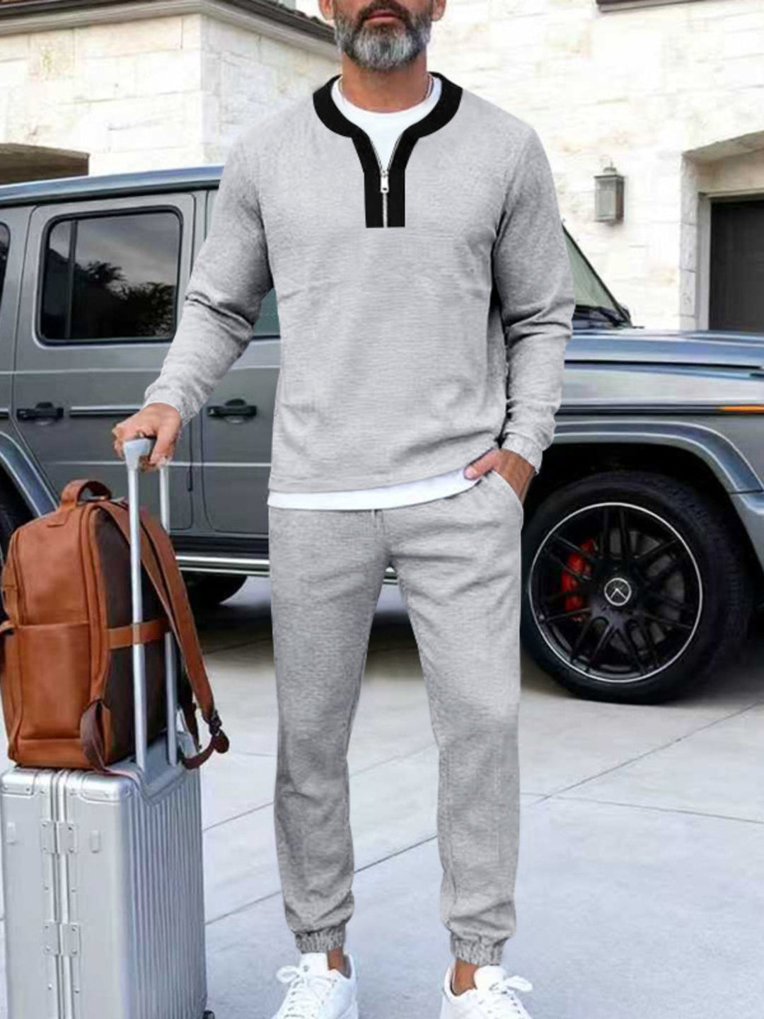 Men's Plus Size Casual Zipper Neck Long Sleeve Top and Pants Set