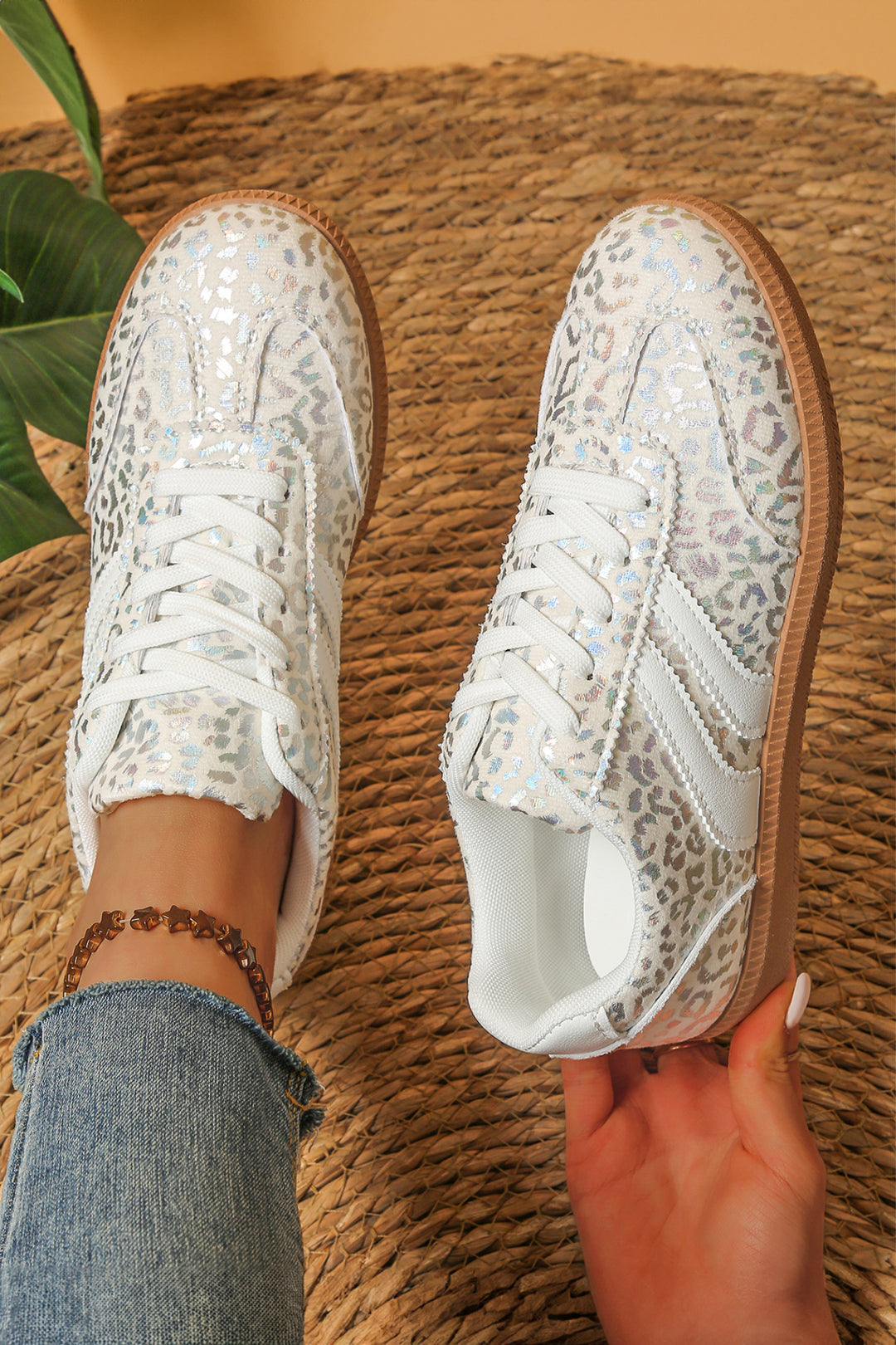 Coffee PU Leather Detail Shimmer Leopard Printed Lace-up Sneakers