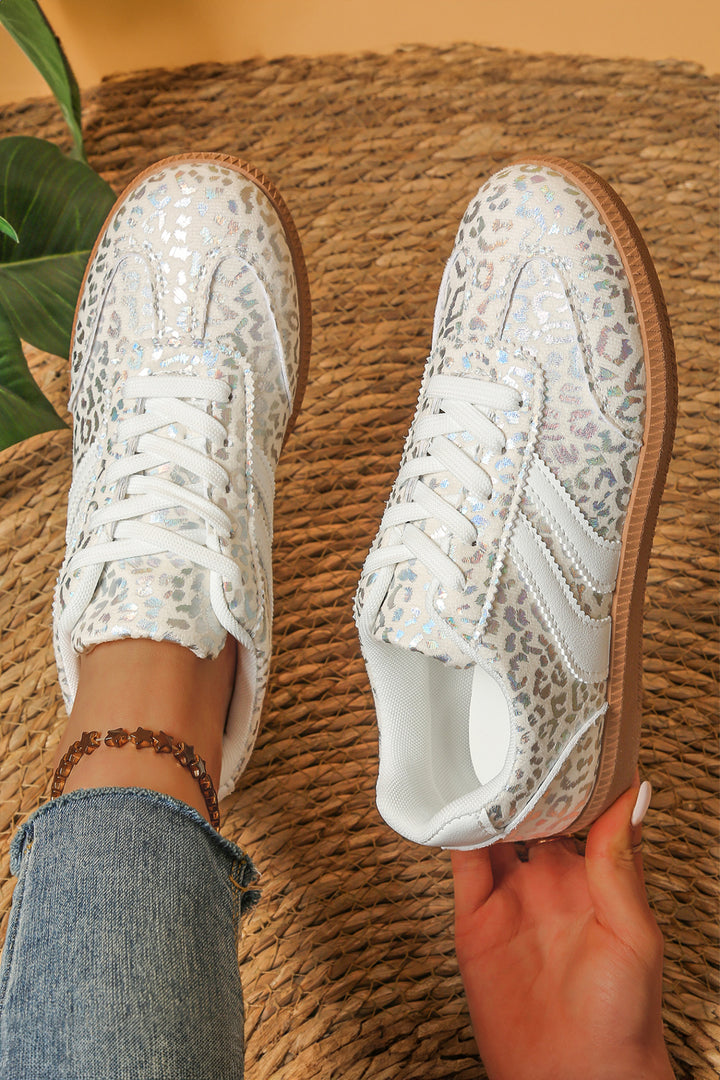 Coffee PU Leather Detail Shimmer Leopard Printed Lace-up Sneakers