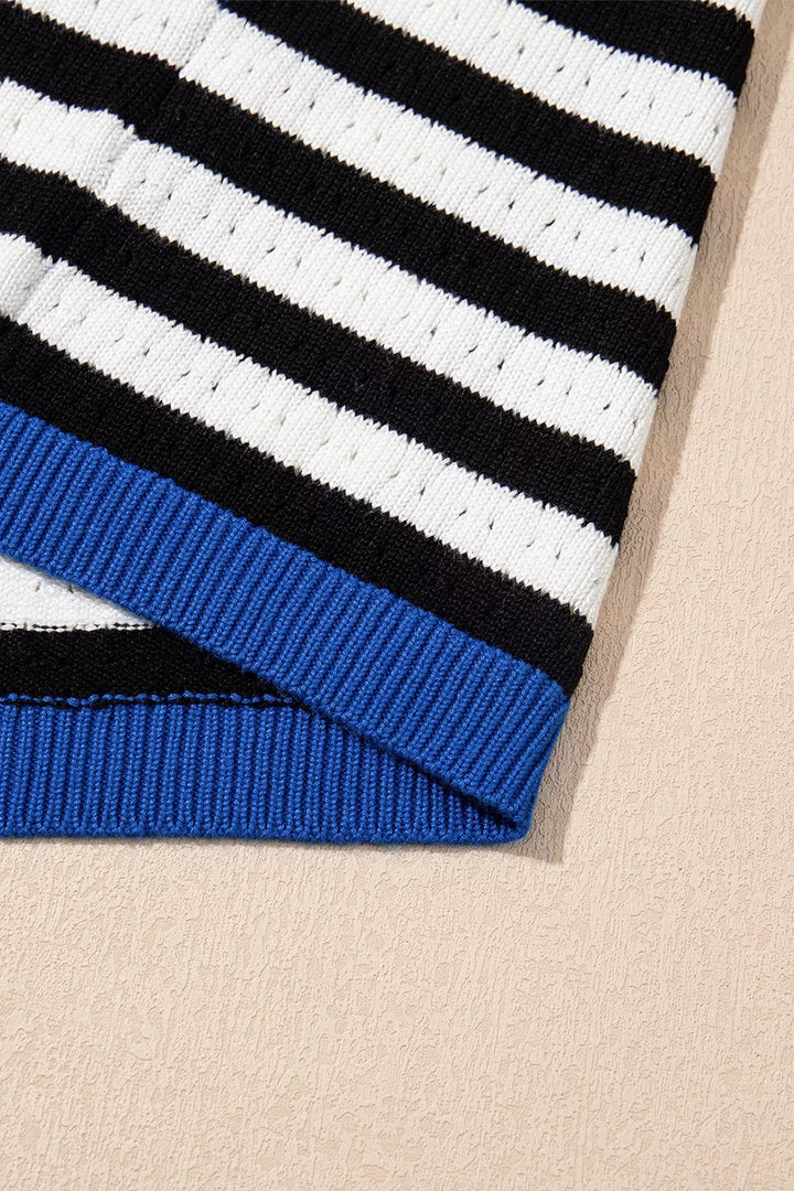 Stripe Pointelle Knit Contrast Trim Sleeveless Sweater Top