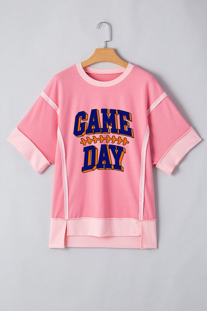 Peach Blossom Raw Seam Patchwork GAME DAY Letter Graphic Loose Tee