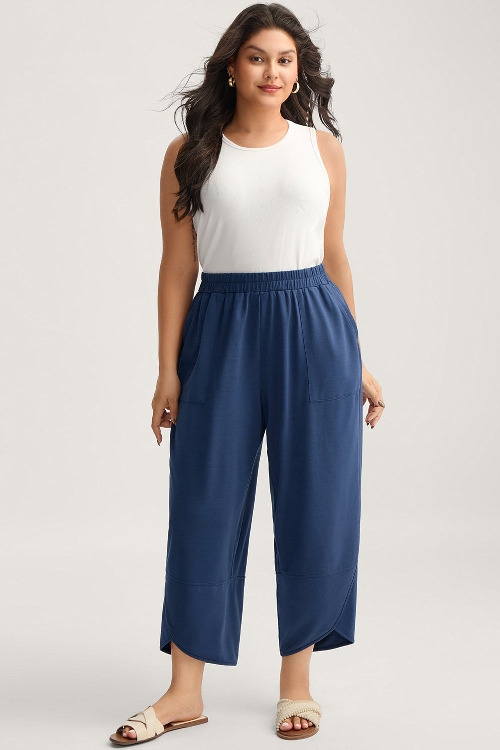 Sail Blue Plus Size Elastic Waist Asymmetrical Hem Loose Capris Pants