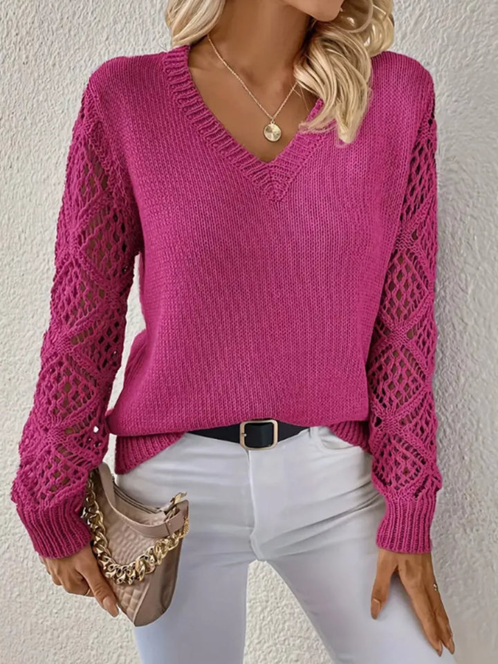 Openwork V-Neck Long Sleeve Sweater
