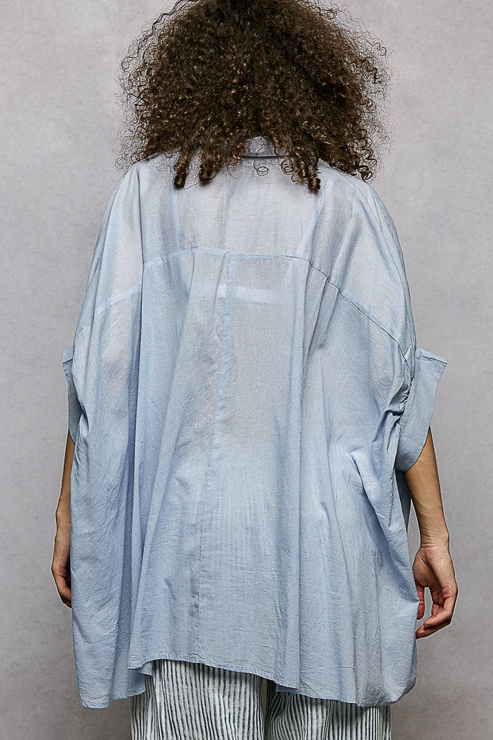 POL Button Down Embroidered Floral High-Low Hem Shirt