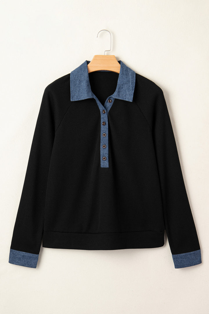 Black Textured Knit Denim Patchwork Button Collar Long Sleeve Top