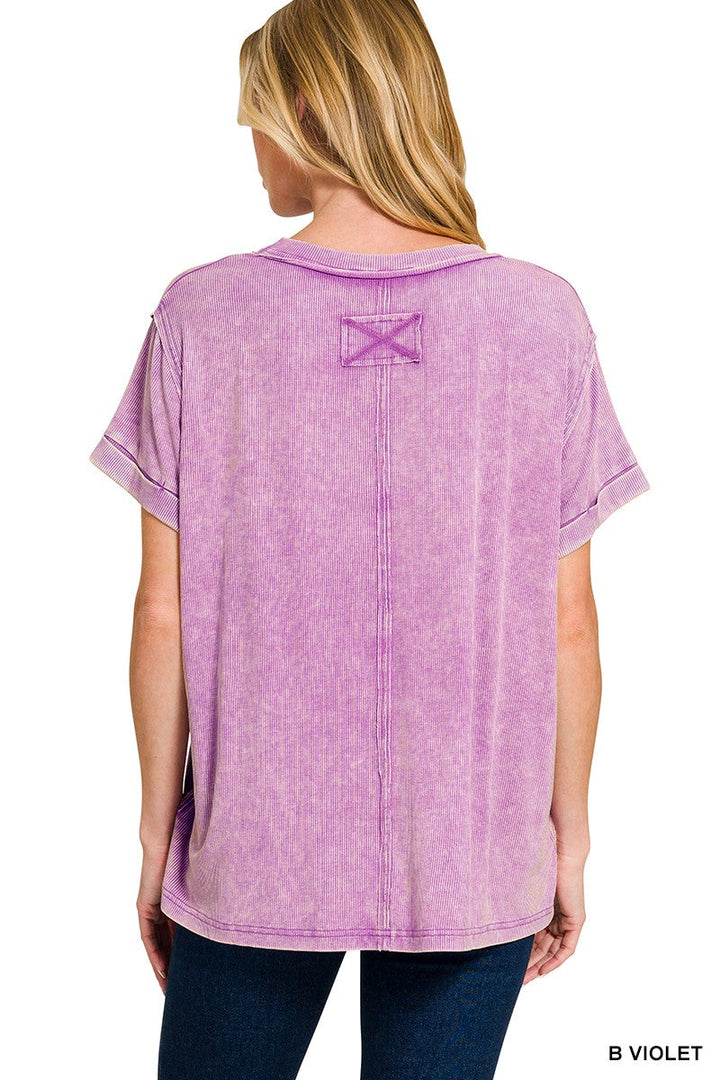 Zenana Washed Ribbed Cuffed Short Sleeve Round Neck Top