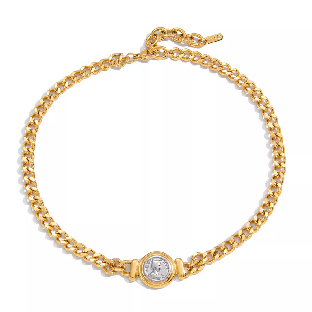 18K Gold-Plated Vintage Coin Charm Curb Chain Necklace
