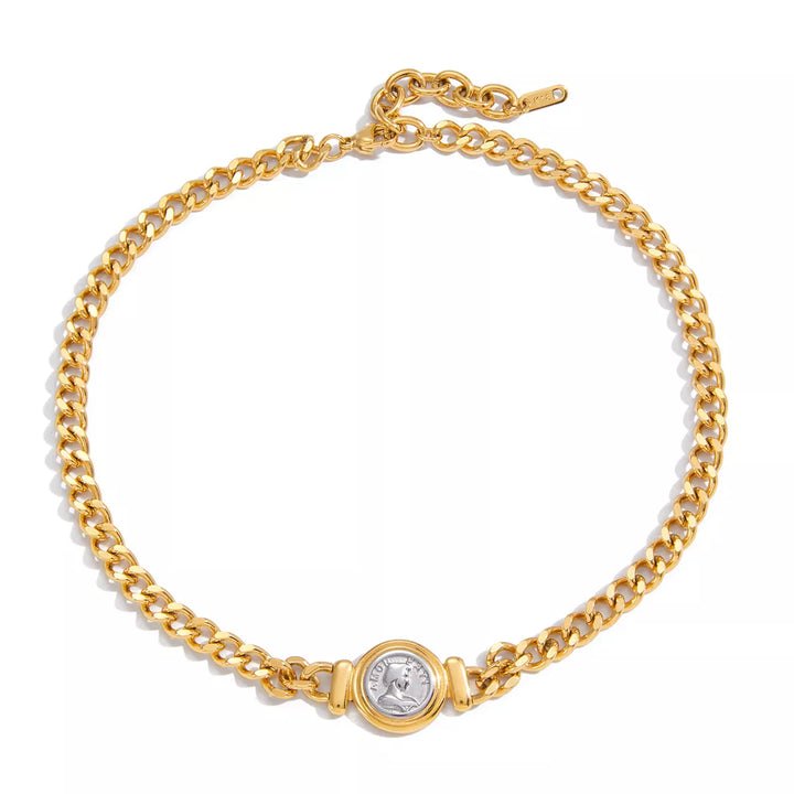 18K Gold-Plated Vintage Coin Charm Curb Chain Necklace