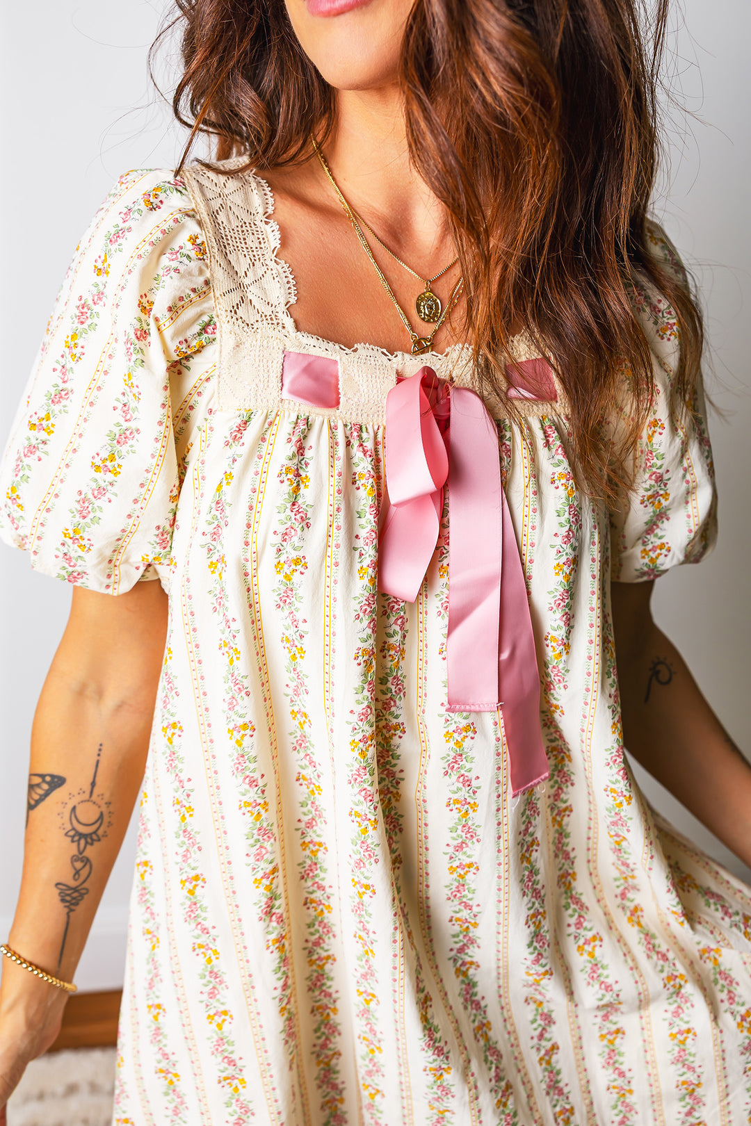 Multicolour Floral Print Contrast Ribbon Bow Lace Trim Square Neck Mini Dress