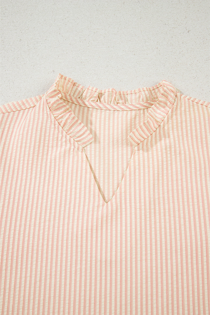 Pink Stripe Bow Knot Cuff Pearl Embellished Puff Sleeve V Neck Blouse