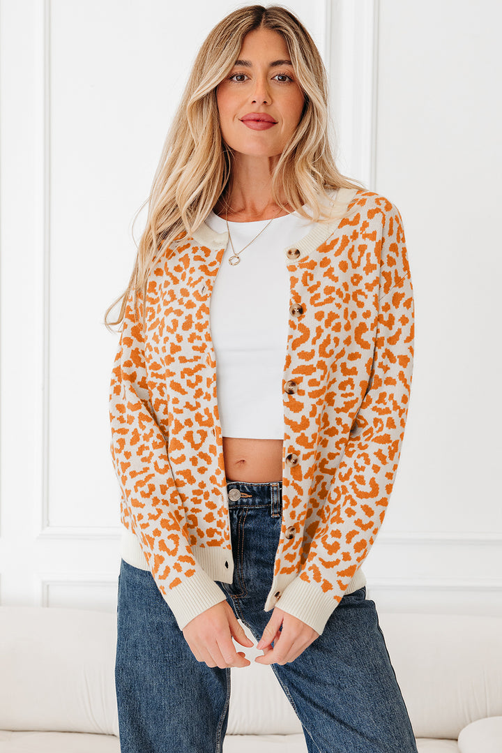 Orange Leopard Drop Shoulder Chunky Knitted Cardigan Sweater