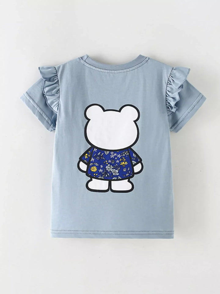 Children's Ruffled Sleeve Bear Graphic T-Shirt