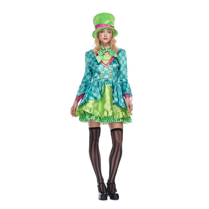 Women's Mad Hatter Costume - Green Dress with Top Hat and Bow Tie