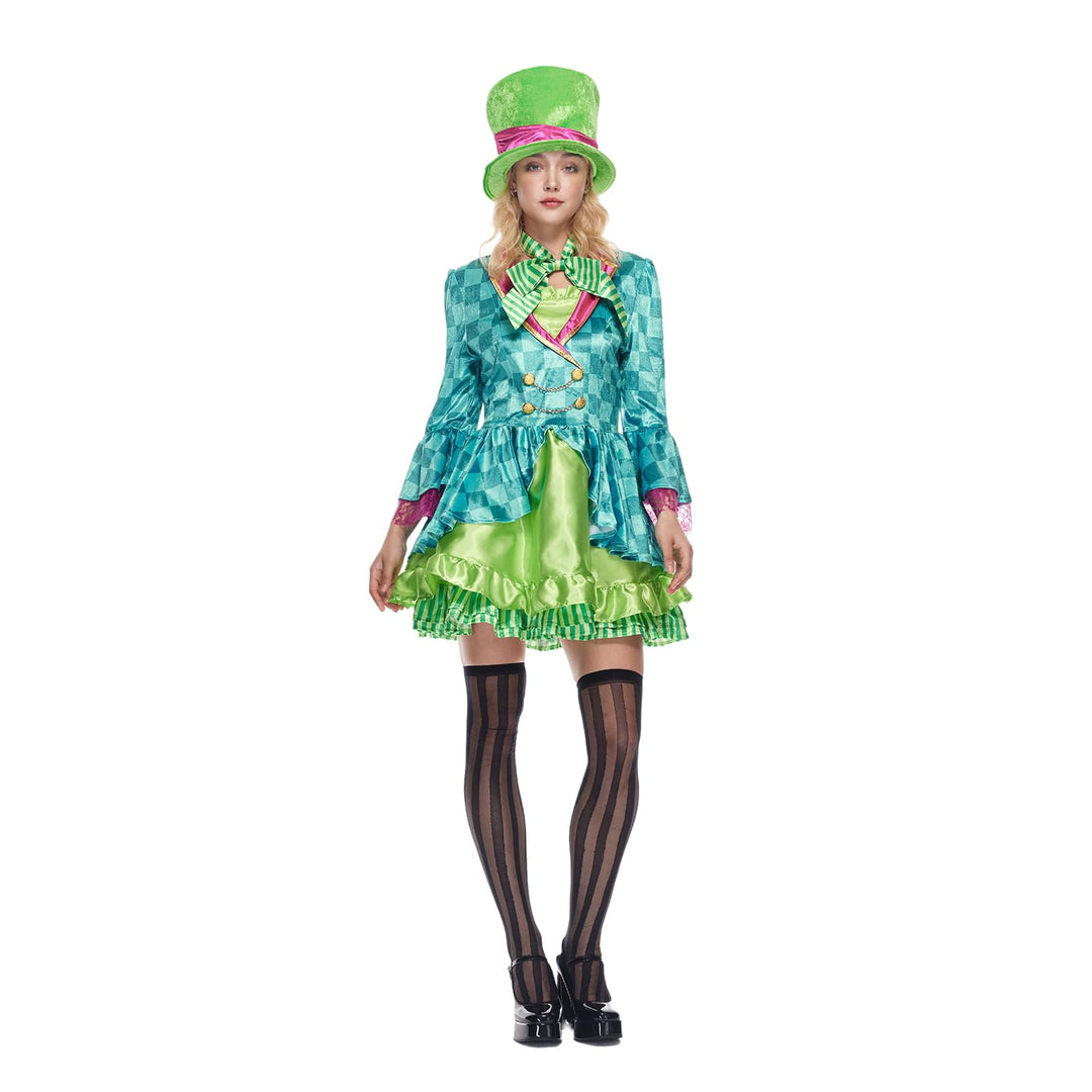 Women's Mad Hatter Costume - Green Dress with Top Hat and Bow Tie