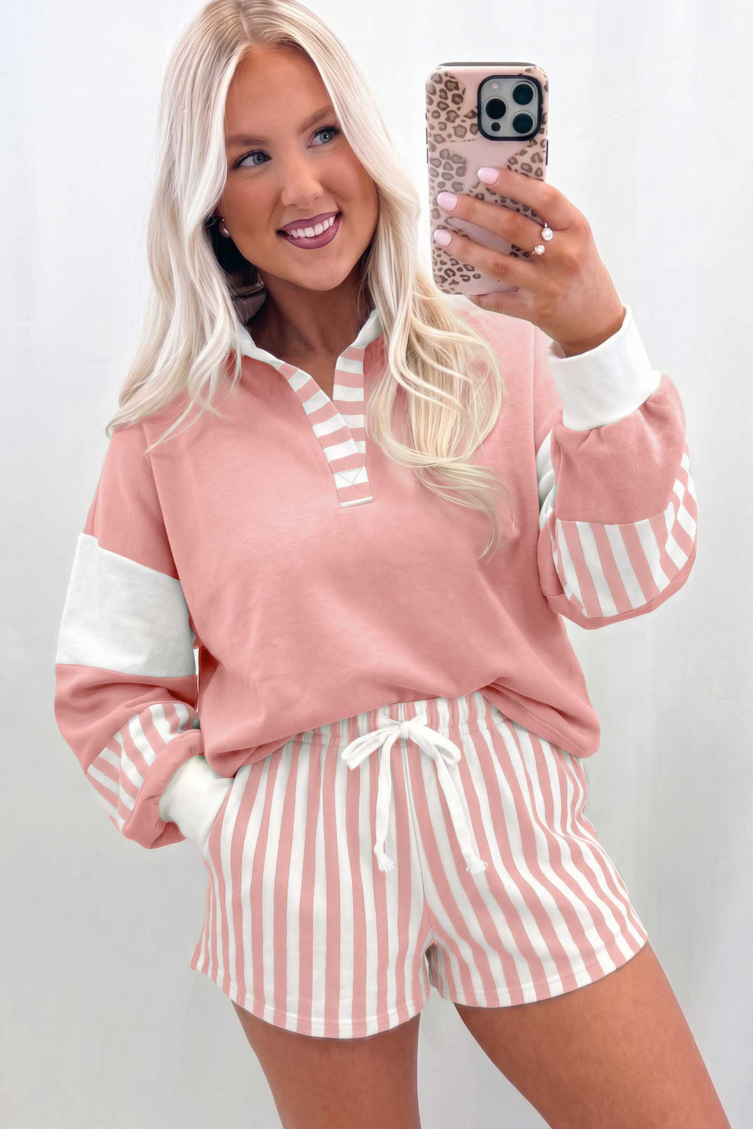 Gossamer Pink Striped Color Block Pullover Top Drawstring Shorts Set