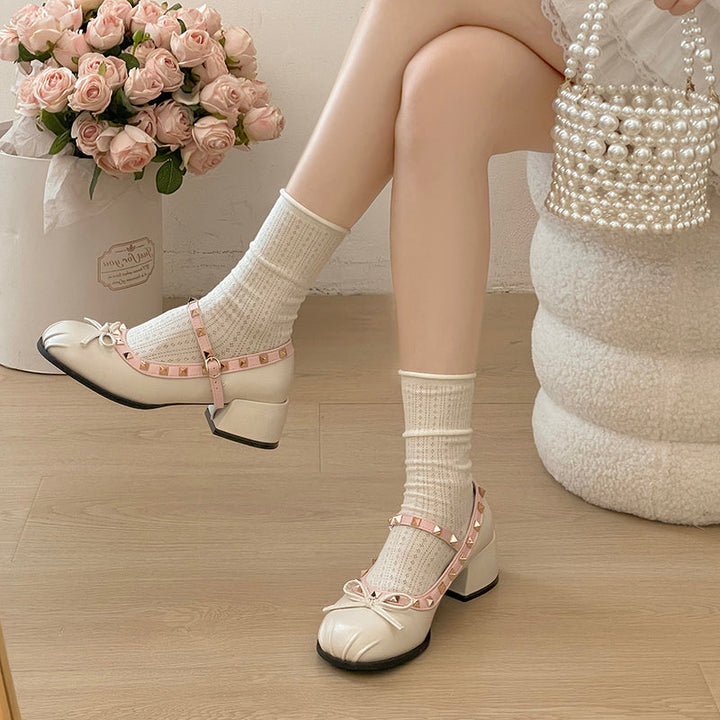 French Ballet Single Shoes Women's Summer 2026 New Style Shallow Bow Fold Rivet Mary Jane Women's Shoes