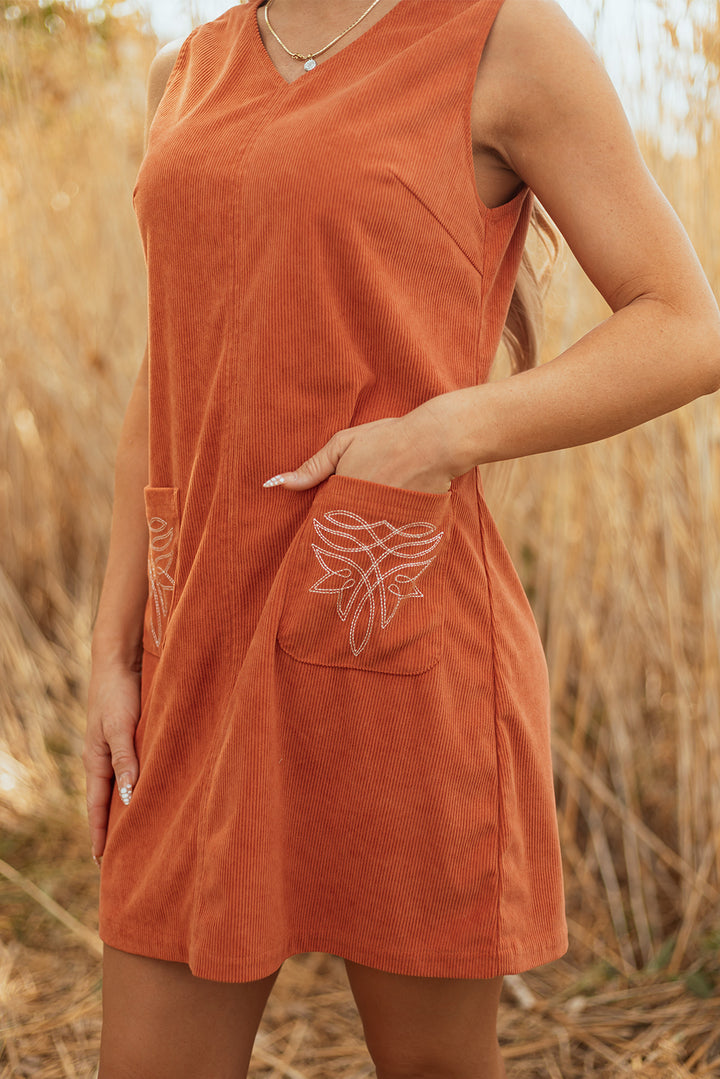 Gold Flame Corduroy Western Embroidered Patched Pocket Shift Sleeveless Mini Dress