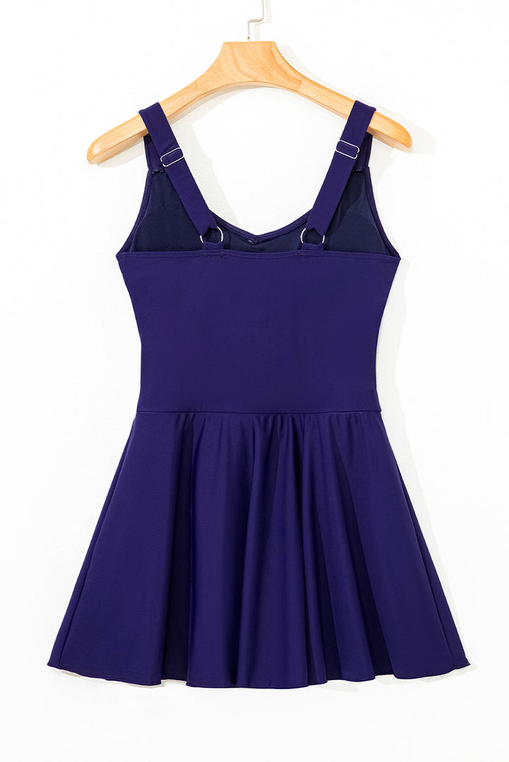 Navy Blue Adjustable Straps Cutout Ruched Knot Slit One Piece Swim Dress