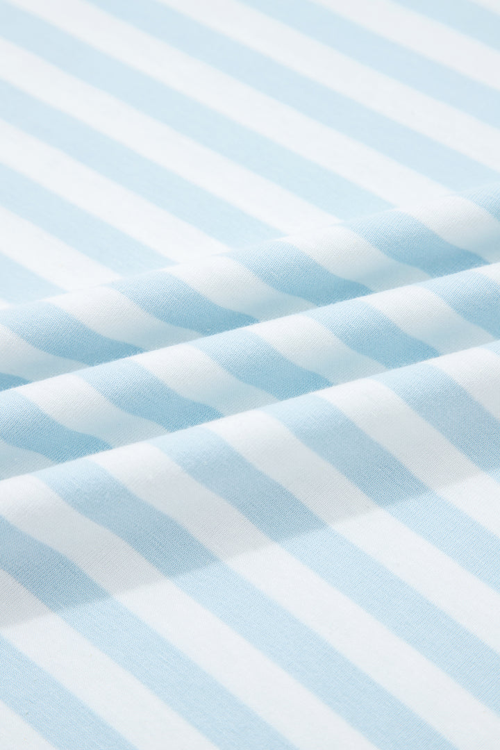 Sky Blue Stripe Contrast Neck Loose Tee and Drawstring Shorts Set