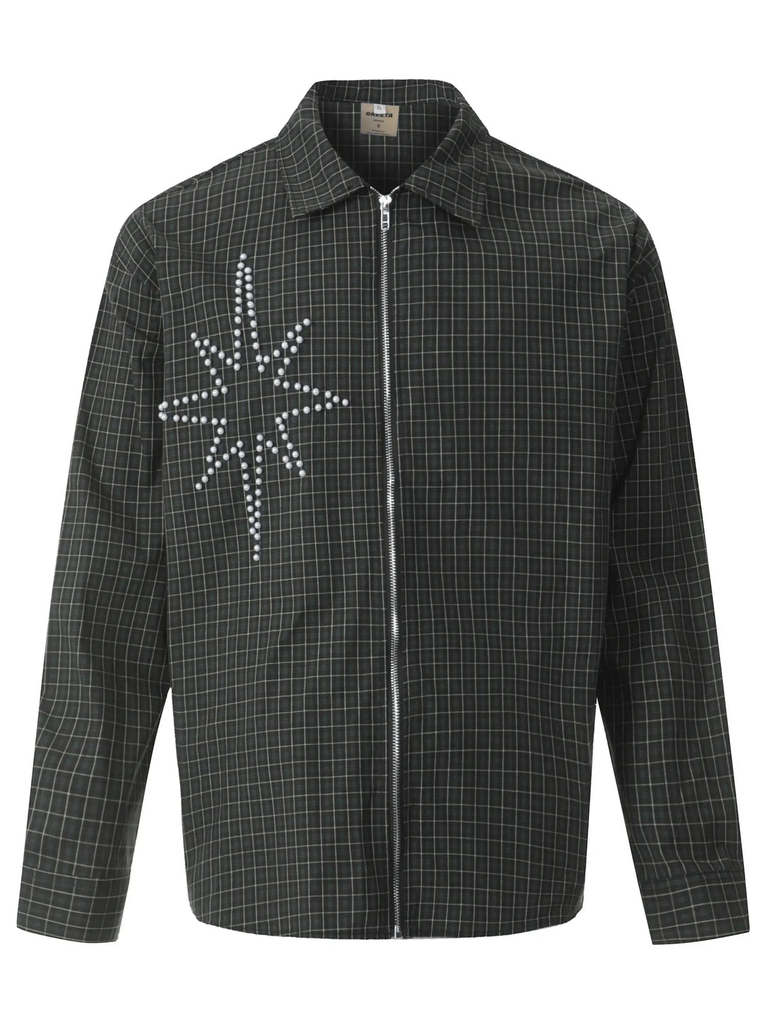 Men's Pearl Embellished Plaid Zip-Up Shirt