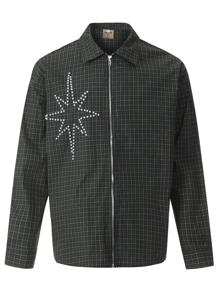 Men's Pearl Embellished Plaid Zip-Up Shirt