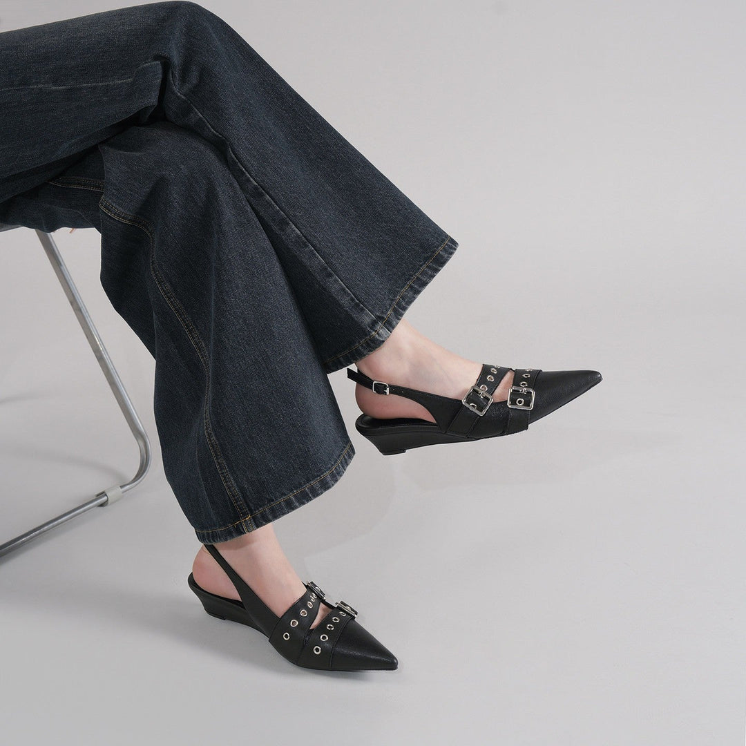 Black Punk Double Buckle Eyelet Pointed Toe Slingback Flat Mules For Women, Vintage Backless Slide Sandals